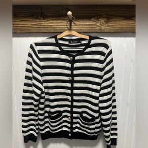 Black White Striped Women's Sweater gold buttons Sz L old Money office career